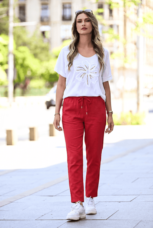 Pantaloni damă roșii casual cu șnur și buzunare – Yasmina Natalee