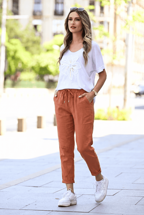 Pantaloni damă terracotta casual cu șnur în talie – Daria Natalee