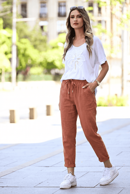 Pantaloni damă terracotta casual cu șnur în talie – Daria Natalee