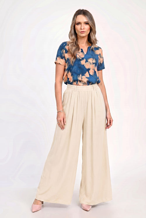 Pantaloni palazzo damă cu talie elastică Selena S / crem Natalee