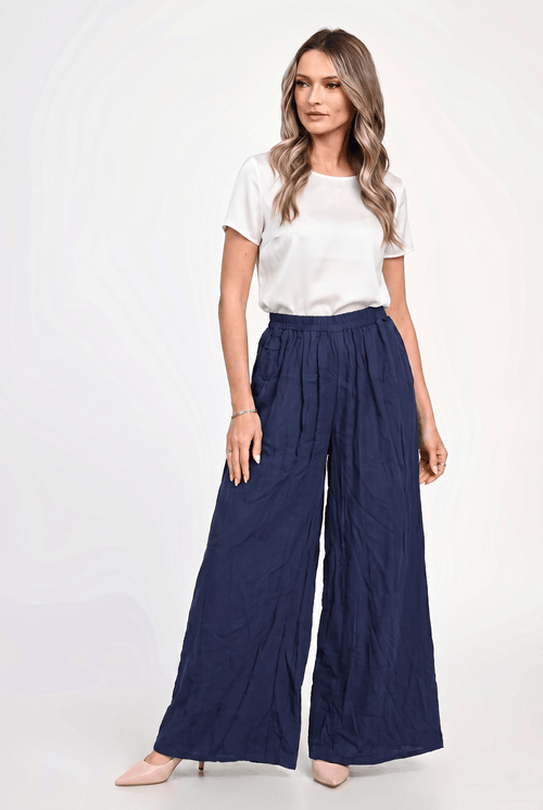 Pantaloni palazzo damă cu talie elastică Selena S / navy Natalee