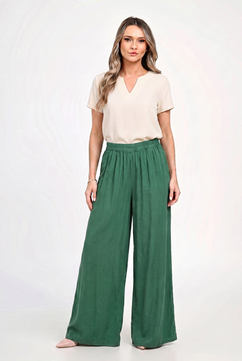 Pantaloni palazzo damă cu talie elastică Selena S / verde Natalee