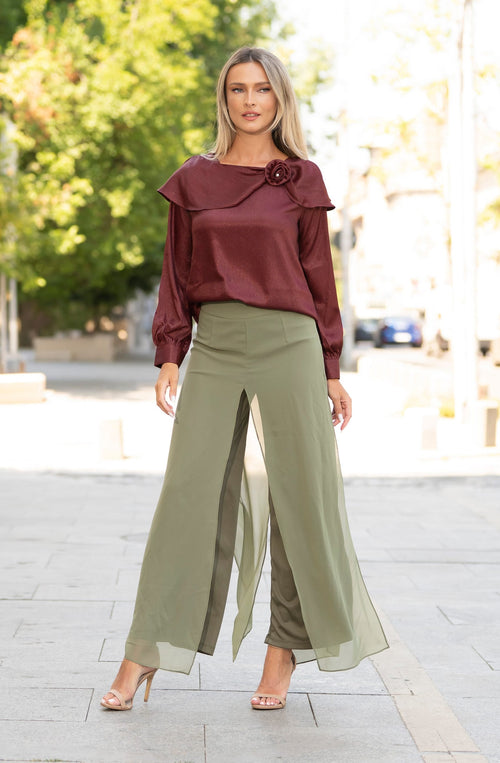 Pantaloni Palazzo kaki cu voal – Evelina Natalee