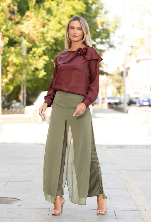 Pantaloni Palazzo kaki cu voal – Evelina Natalee