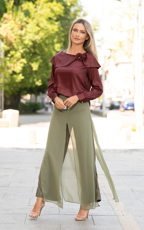 Pantaloni Palazzo kaki cu voal – Evelina Natalee