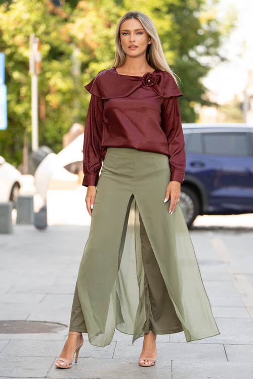 Pantaloni Palazzo kaki cu voal – Evelina Natalee