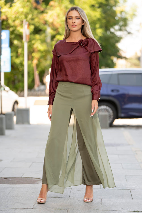 Pantaloni Palazzo kaki cu voal – Evelina Natalee