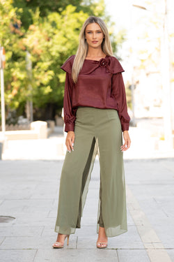 Pantaloni Palazzo kaki cu voal – Evelina Natalee