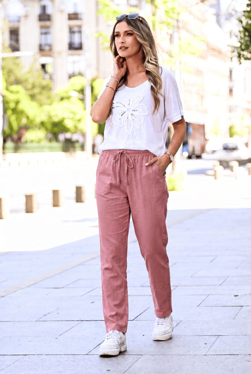 Pantaloni roz pudrat Sofia – pantaloni casual damă cu talie elastică Natalee