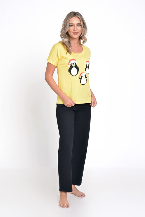 Natalee Fashion Pijamale Dama Pijama damă Craciun galbenă & neagră pinguin