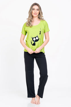 Natalee Fashion Pijamale Dama Pijama dama negru & verde pisicuta