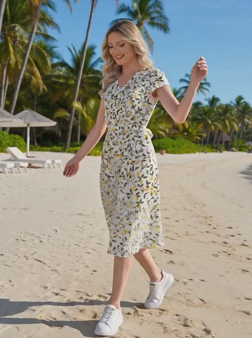 Rochie elegantă albă cu imprimeu lămâi Cătălina