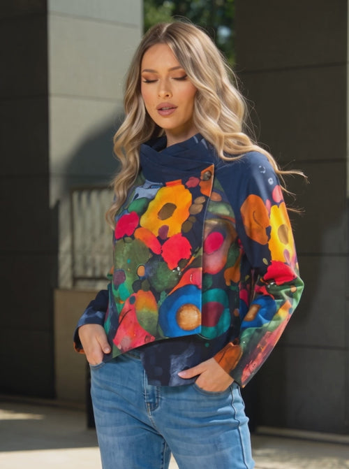 Jachetă damă bleumarin cu imprimeu multicolor Amira