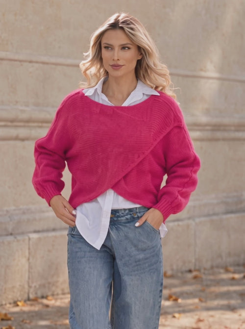 Pulover damă fucsia 2 în 1 cu cămașă din bumbac Alina