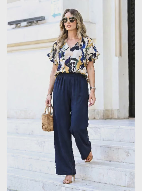 Compleu damă din viscoză cu pantaloni bleumarin și bluză imprimată – Serena
