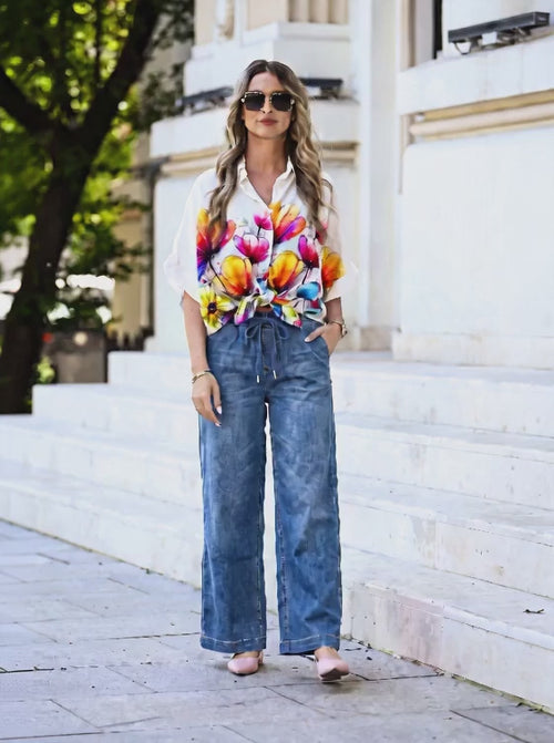 Pantaloni damă din denim subțire palazzo Sofia