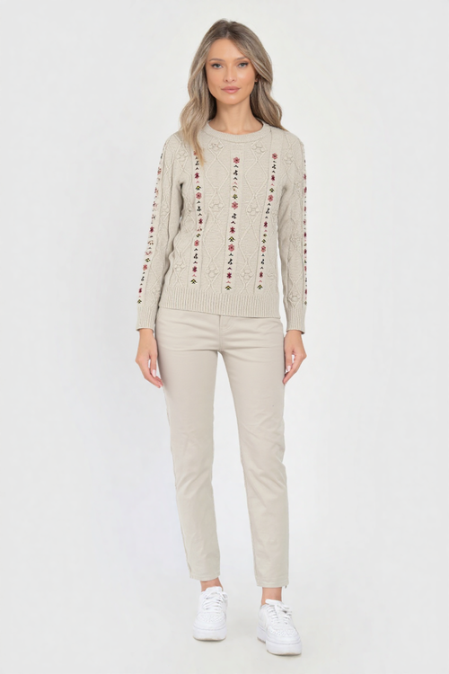 Pulover crem cu broderie florală Natalee Fashion