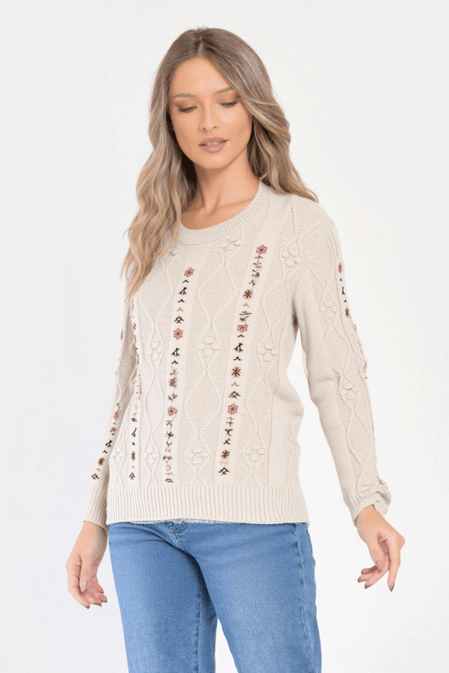 Pulover crem cu broderie florală Natalee Fashion