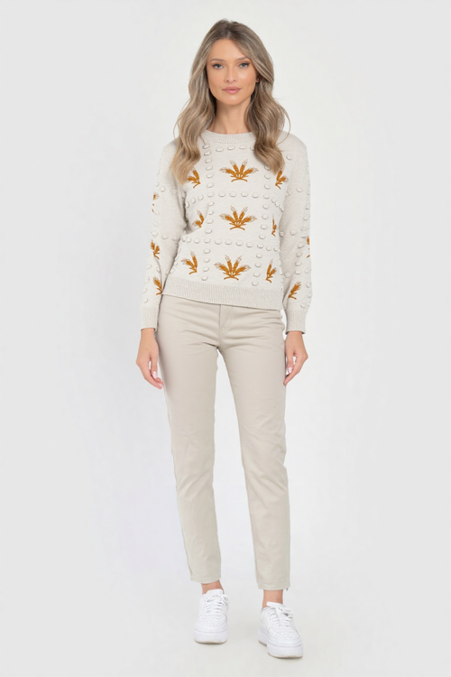 Pulover crem cu model vegetal Natalee Fashion