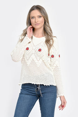 Pulover damă alb tricotat cu flori roșii Natalee