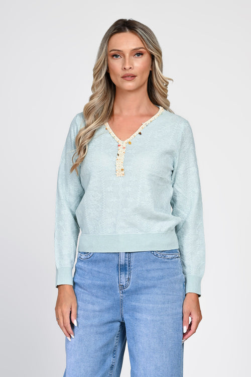 Pulover damă bleu cu decolteu decorativ Livia Natalee