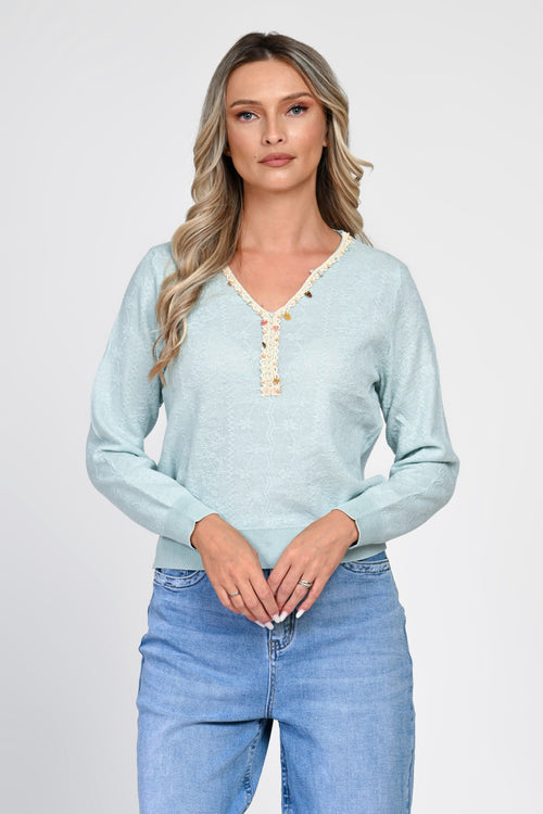 Pulover damă bleu cu decolteu decorativ Livia Natalee