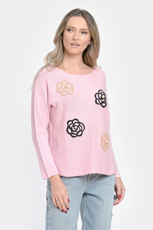 Natalee Bluză S / roze Pulover damă cu broderie florală - Rosa