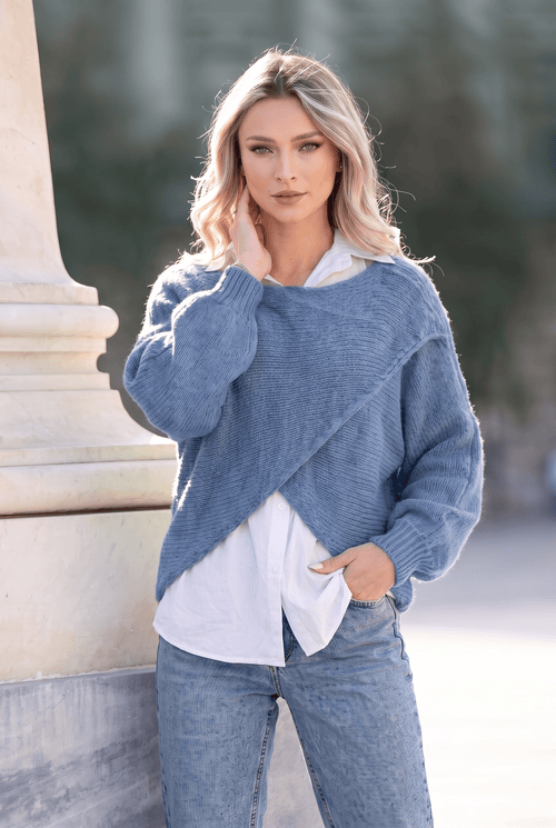 Pulover damă denim 2 în 1 cu cămașă din bumbac Alina Natalee