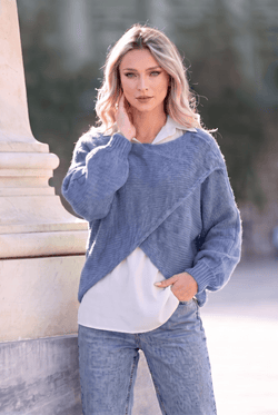 Pulover damă denim 2 în 1 cu cămașă din bumbac Alina Natalee