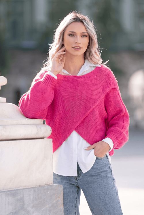 Pulover damă fucsia 2 în 1 cu cămașă din bumbac Alina Natalee Fashion