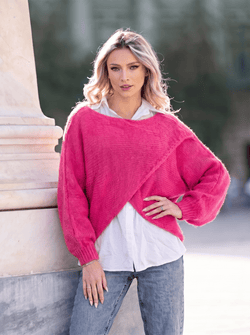 Pulover damă fucsia 2 în 1 cu cămașă din bumbac Alina Natalee Fashion