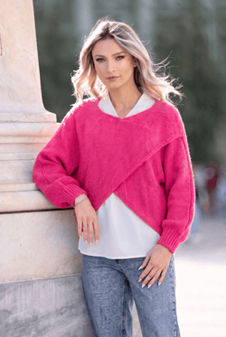 Pulover damă fucsia 2 în 1 cu cămașă din bumbac Alina Natalee Fashion