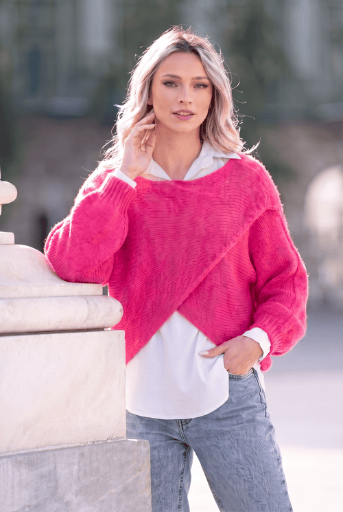 Pulover damă fucsia 2 în 1 cu cămașă din bumbac Alina Natalee Fashion
