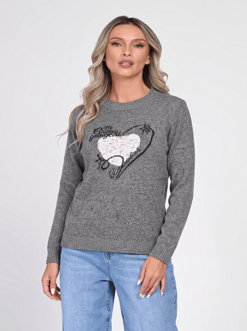 Pulover damă gri melanj cu motiv inimă Dalia Natalee