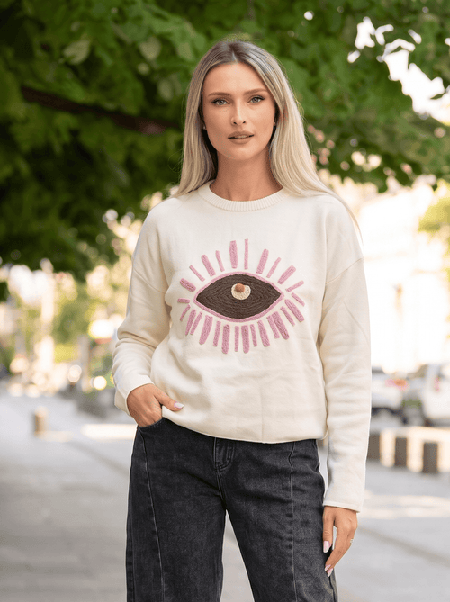 Pulover damă ivoire cu motiv ochi în relief Iris Natalee