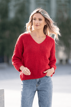 Pulover damă roșu cu decolteu în V Miruna Natalee Fashion
