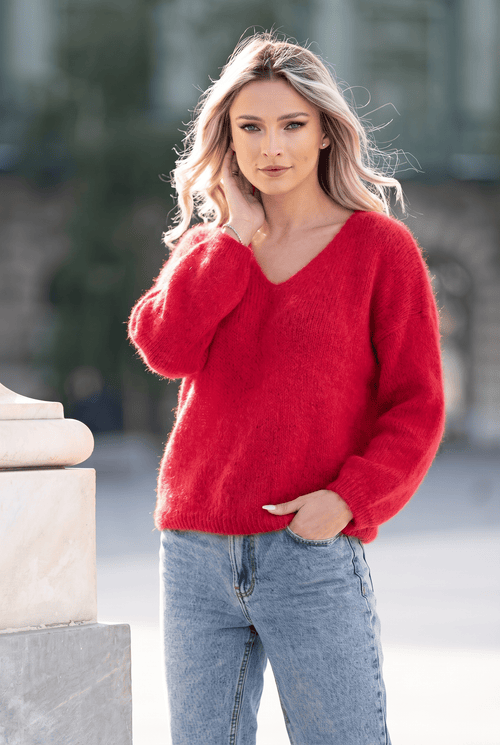 Pulover damă roșu cu decolteu în V Miruna Natalee Fashion