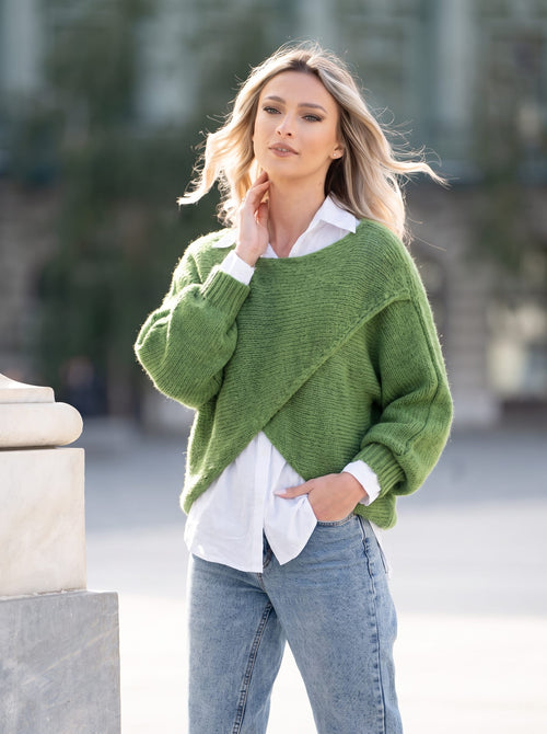 Pulover damă verde 2 în 1 cu cămașă din bumbac Alina Natalee Fashion