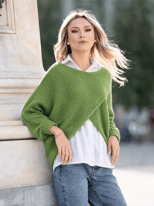 Pulover damă verde 2 în 1 cu cămașă din bumbac Alina Natalee Fashion