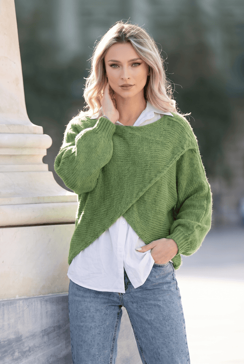 Pulover damă verde 2 în 1 cu cămașă din bumbac Alina Natalee Fashion