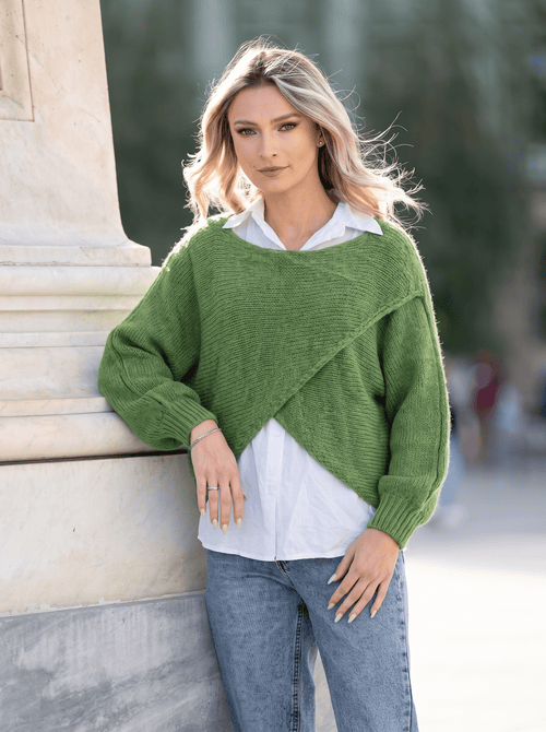 Pulover damă verde 2 în 1 cu cămașă din bumbac Alina Natalee Fashion