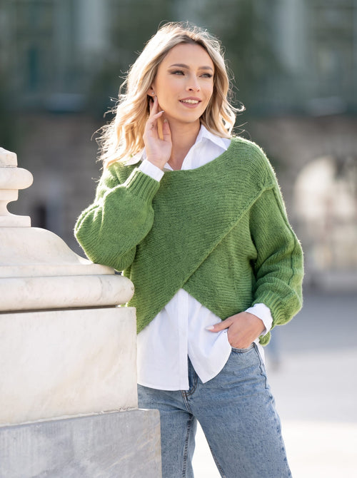 Pulover damă verde 2 în 1 cu cămașă din bumbac Alina Natalee Fashion