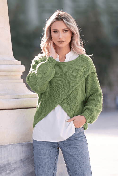 Pulover damă verde 2 în 1 cu cămașă din bumbac Alina Natalee Fashion