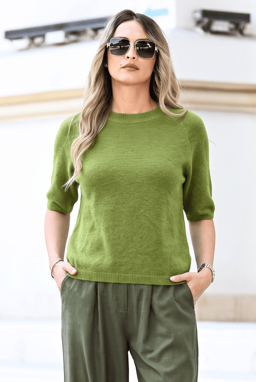 Pulover damă verde cu mâneci până la cot Natalee
