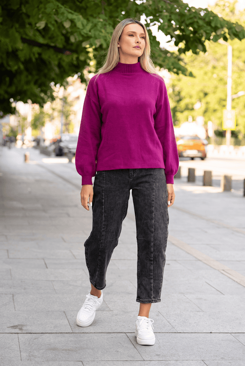Pulover oversize cu guler semi-înalt și mâneci balon, magenta Natalee
