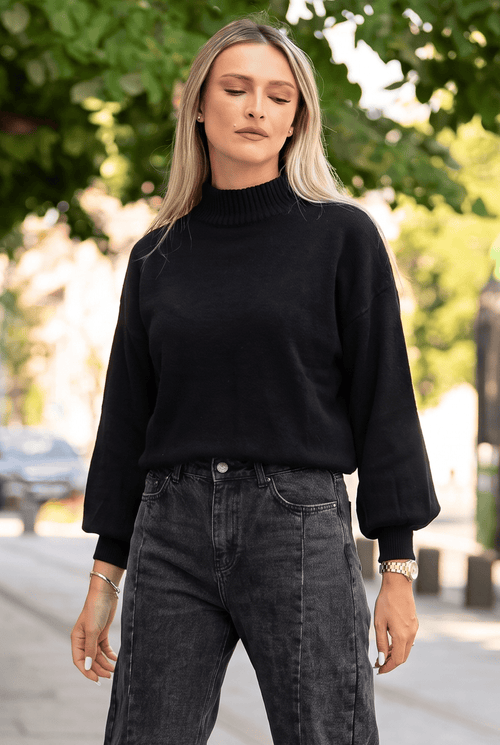 Pulover oversize cu guler semi-înalt și mâneci balon, negru Natalee