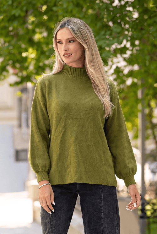 Pulover oversize cu guler semi-înalt și mâneci balon, verde olive Natalee
