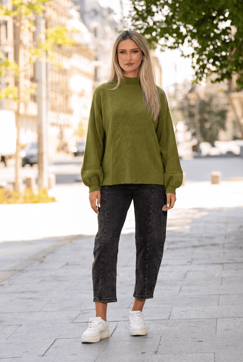 Pulover oversize cu guler semi-înalt și mâneci balon, verde olive Natalee
