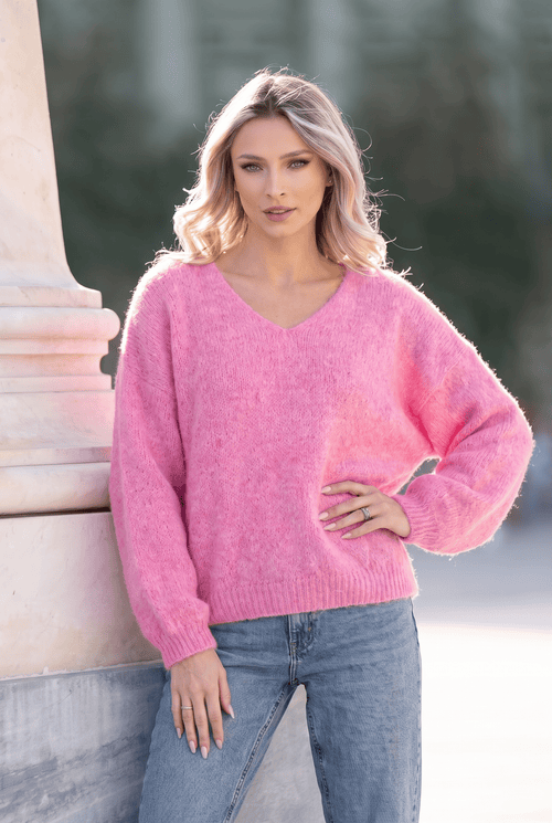 Pulover pufos oversize cu decolteu în V, roz Natalee