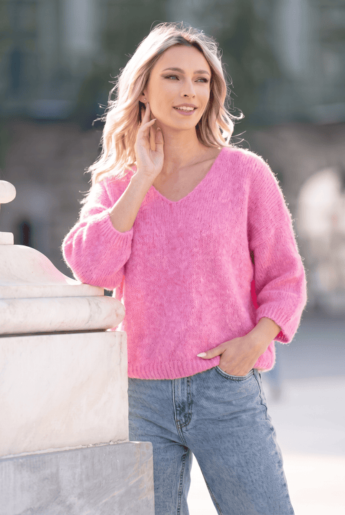 Pulover pufos oversize cu decolteu în V, roz Natalee